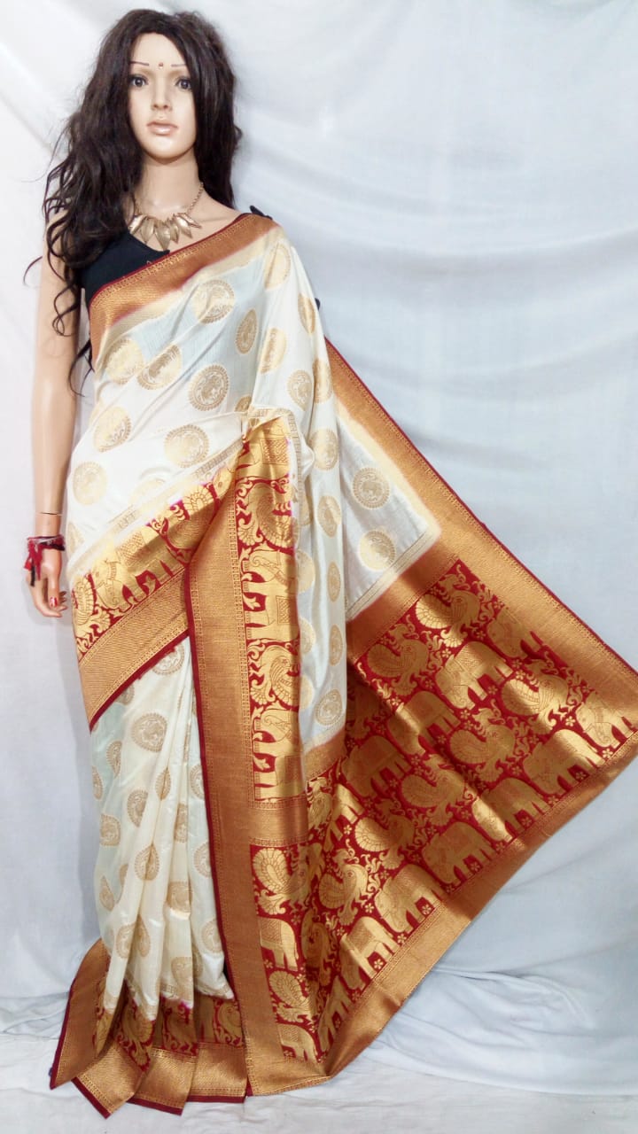 Beige Red Pure Silk Sarees - Dailybuyys