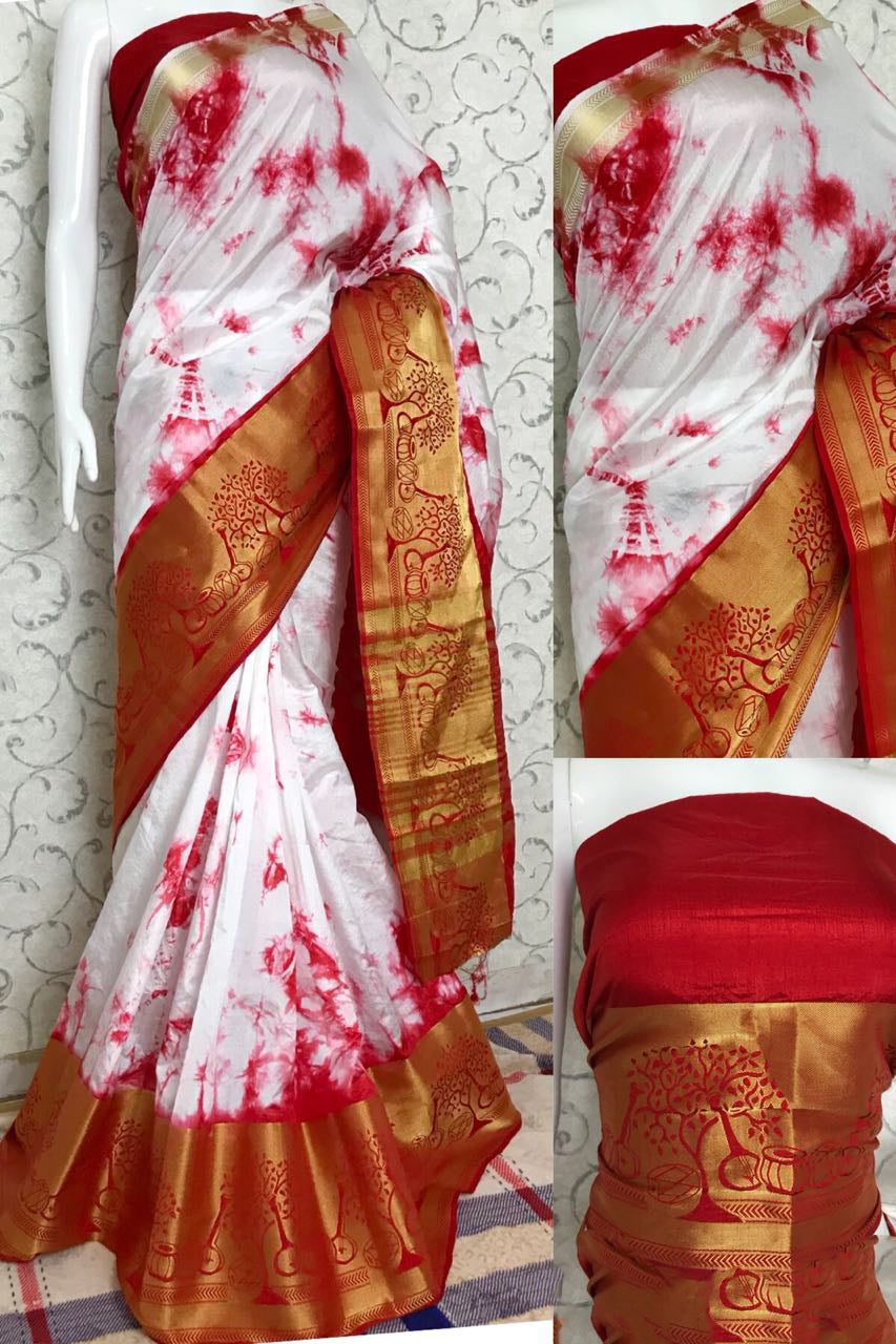 Red White Raw Silk Sarees - Dailybuyys