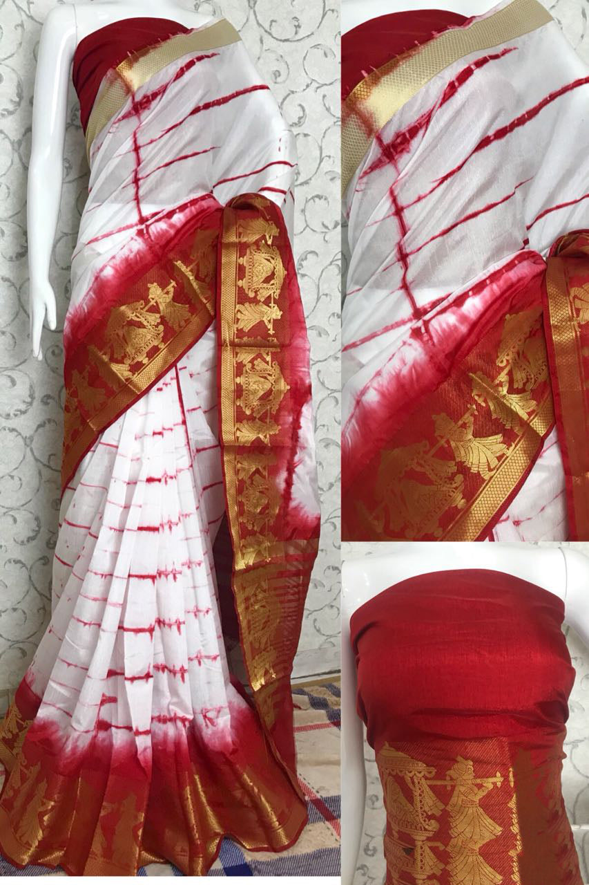 Red White Raw Silk Sarees - Dailybuyys