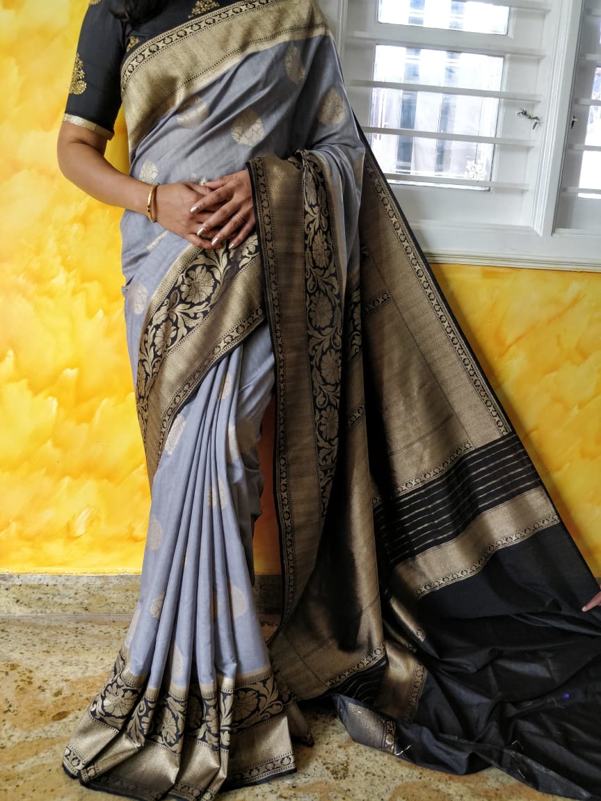 Grey Blue Kanjivaram Silk Sarees - Dailybuyys