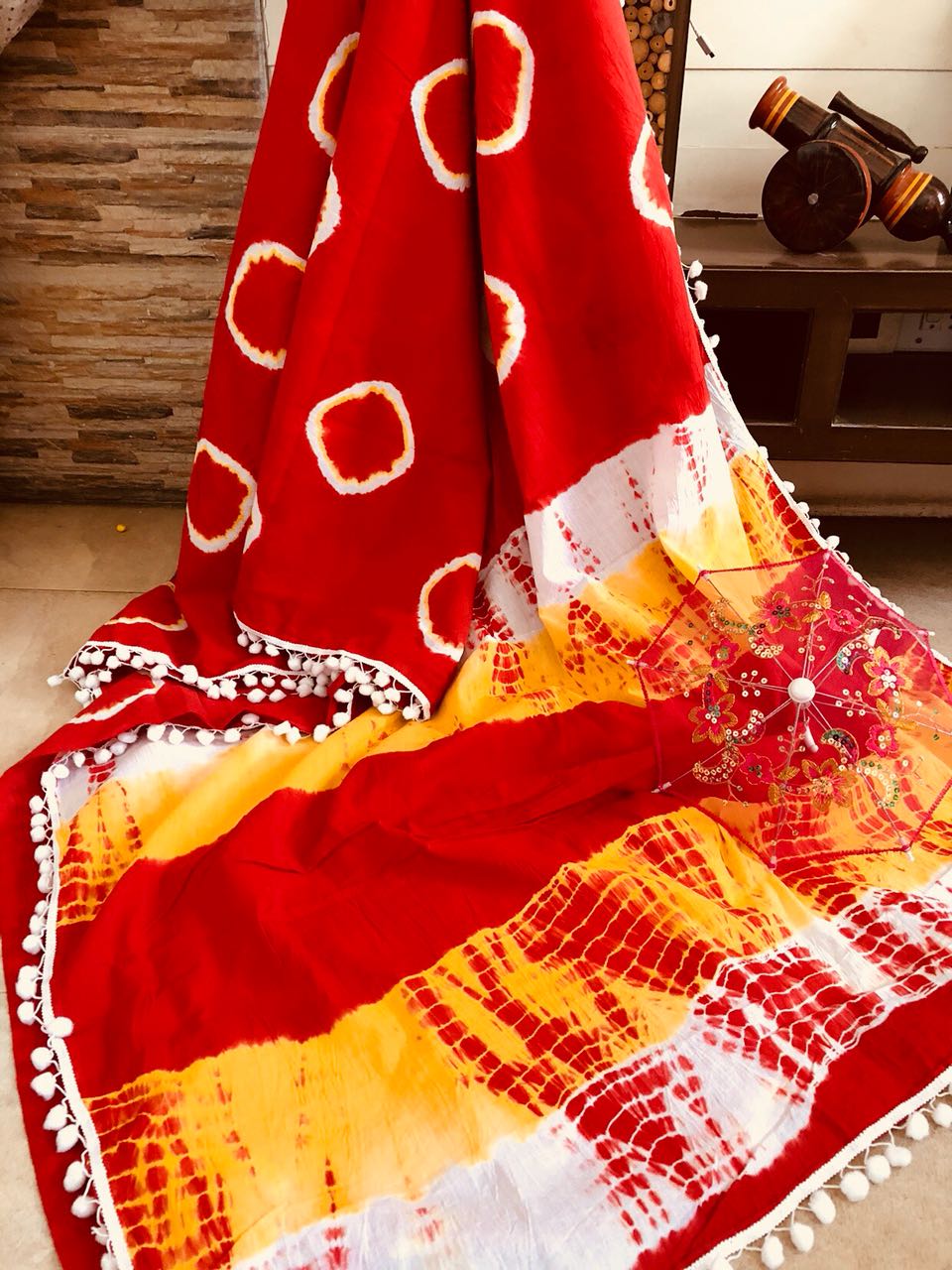 Red Orange Mulmul Pure Cotton Sarees - Dailybuyys