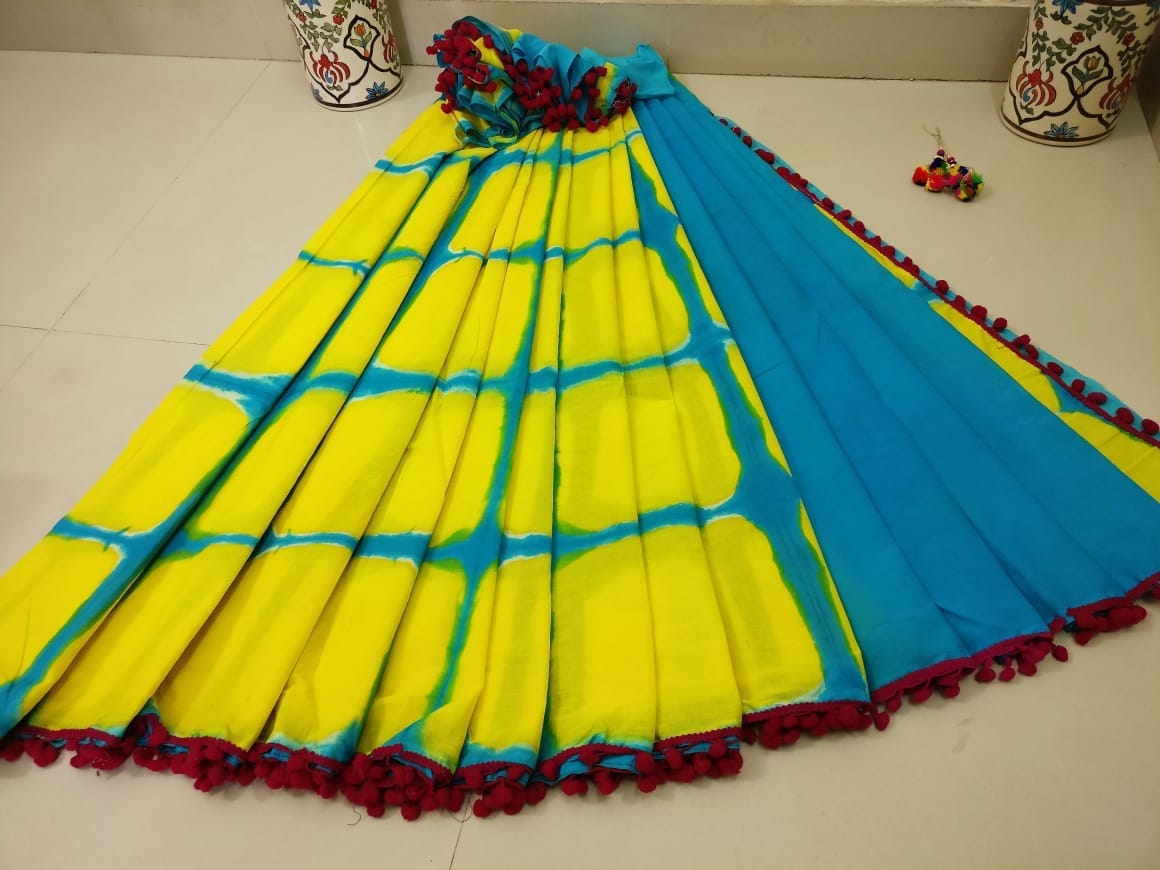 Yellow Blue Mulmul Pure Cotton Sarees - Dailybuyys