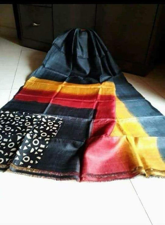 Black Yellow Block Printed Zari Border Pure Silk Mark Certified Tussar Silk Sarees - Dailybuyys