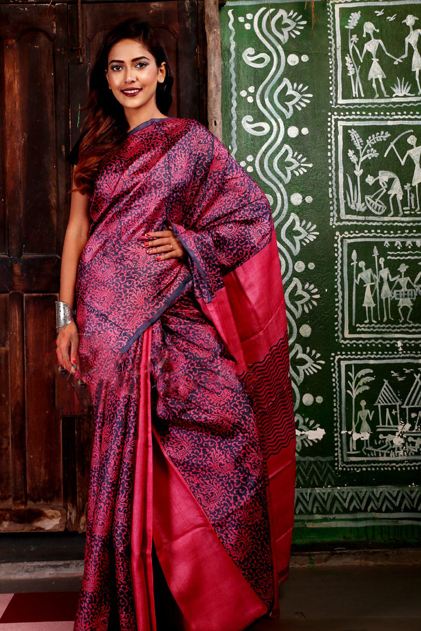 Purple Glamour Block Printed Zari Border Pure Silk Mark Certified Tussar Silk Sarees - Dailybuyys