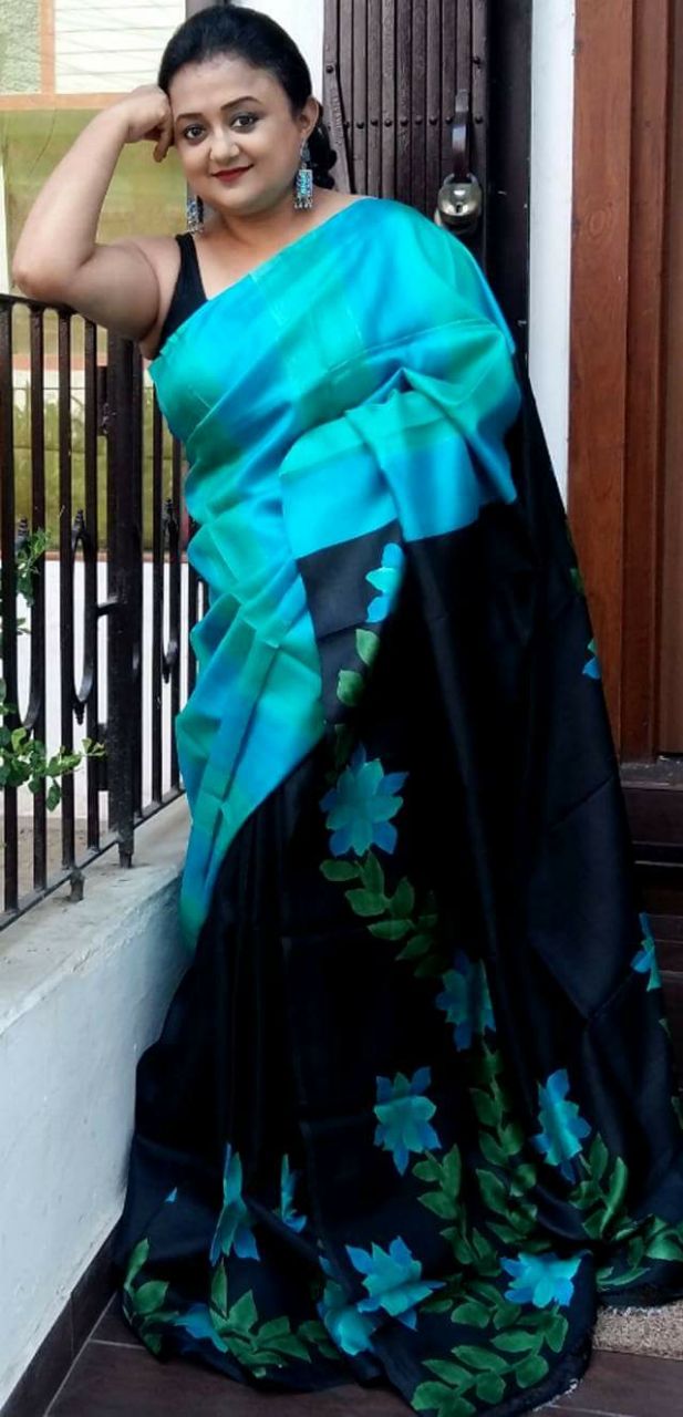 Blue Black Pure KK Hand Painted Silk Mark Certified Bishnupuri Silk Sarees - Dailybuyys
