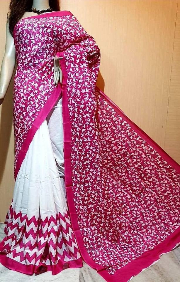 Purple White Pure KK Block Printed Silk Mark Certified Bishnupuri Silk Sarees - Dailybuyys
