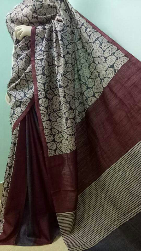 Brown Beige Pure KK Block Printed Silk Mark Certified Bishnupuri Silk Sarees - Dailybuyys