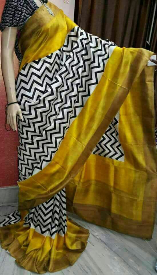 Yellow Block Printed Pure Silk Mark Certified Bishnupuri Silk Sarees - Dailybuyys