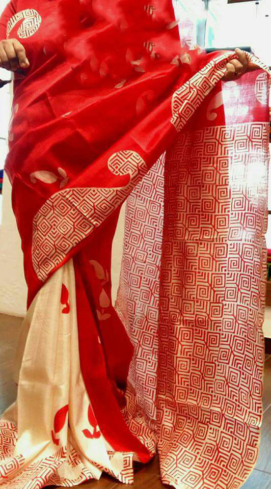Red Pure KK Block Printed Silk Mark Certified Bishnupuri Silk Sarees - Dailybuyys
