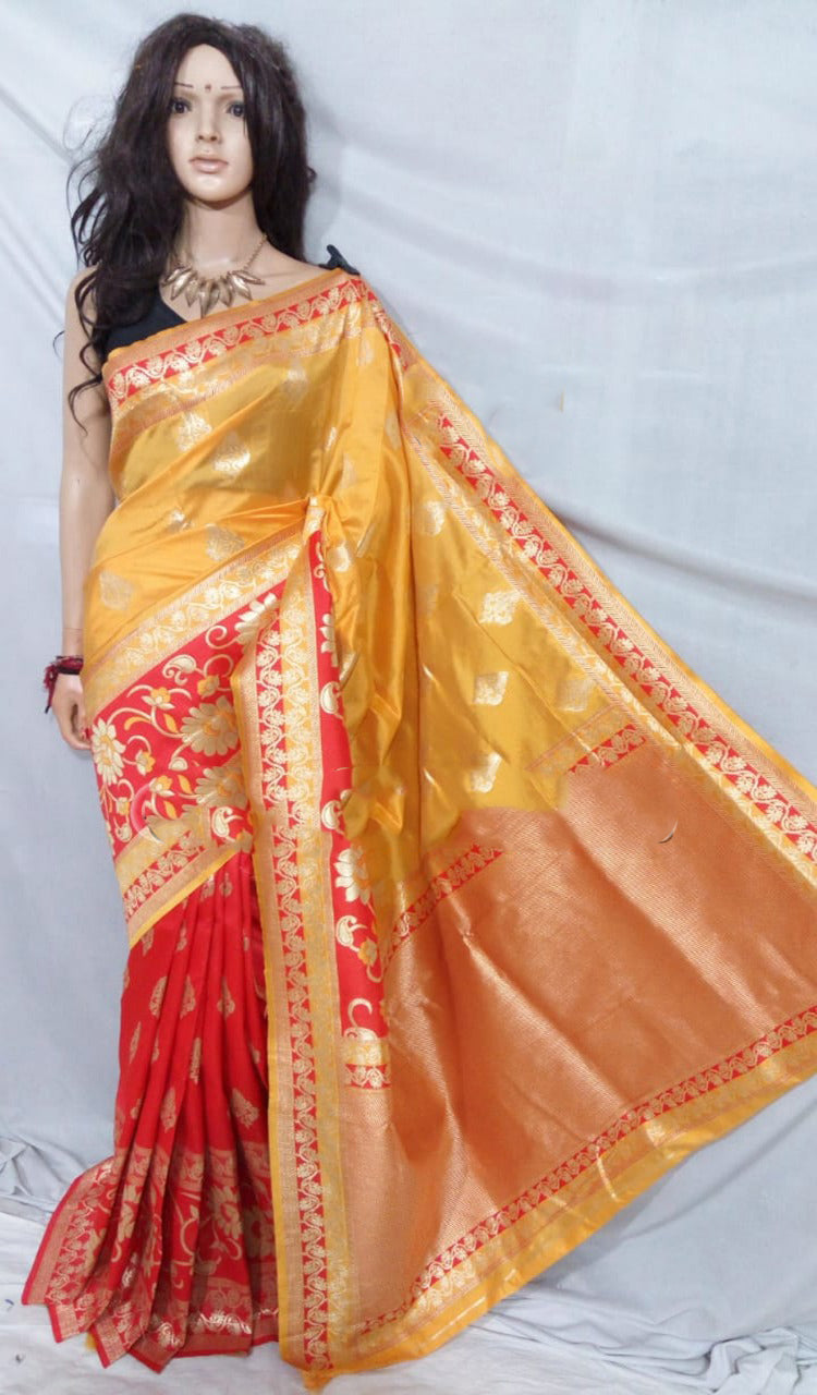 Yellow Orange Pure Cotton Silk Sarees - Dailybuyys
