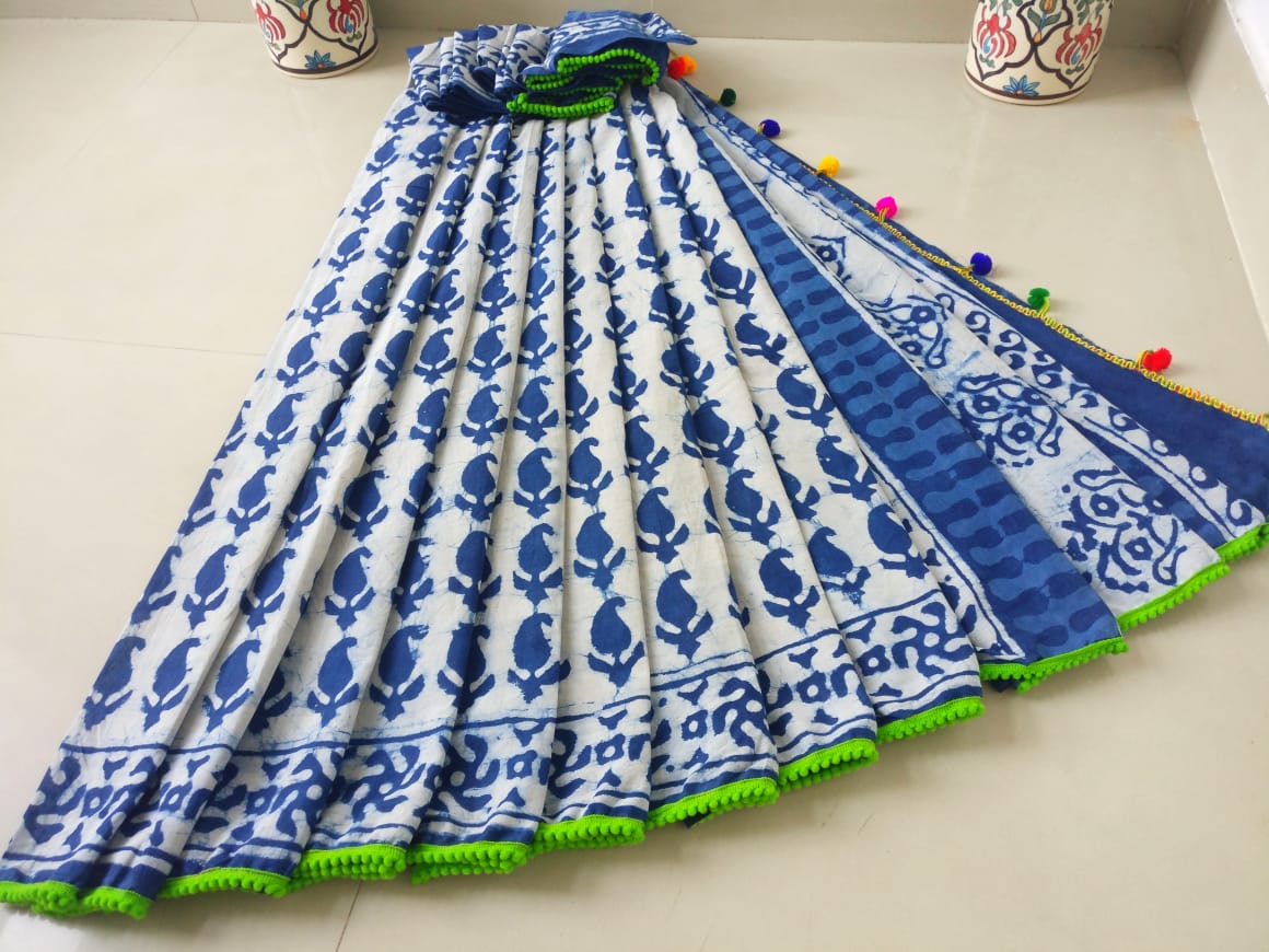 White Blue Bagru Printed Pure Cotton Sarees - Dailybuyys