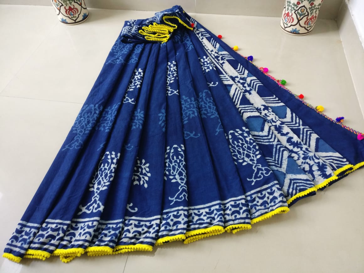 Blue Bagru Printed Pure Cotton Sarees - Dailybuyys