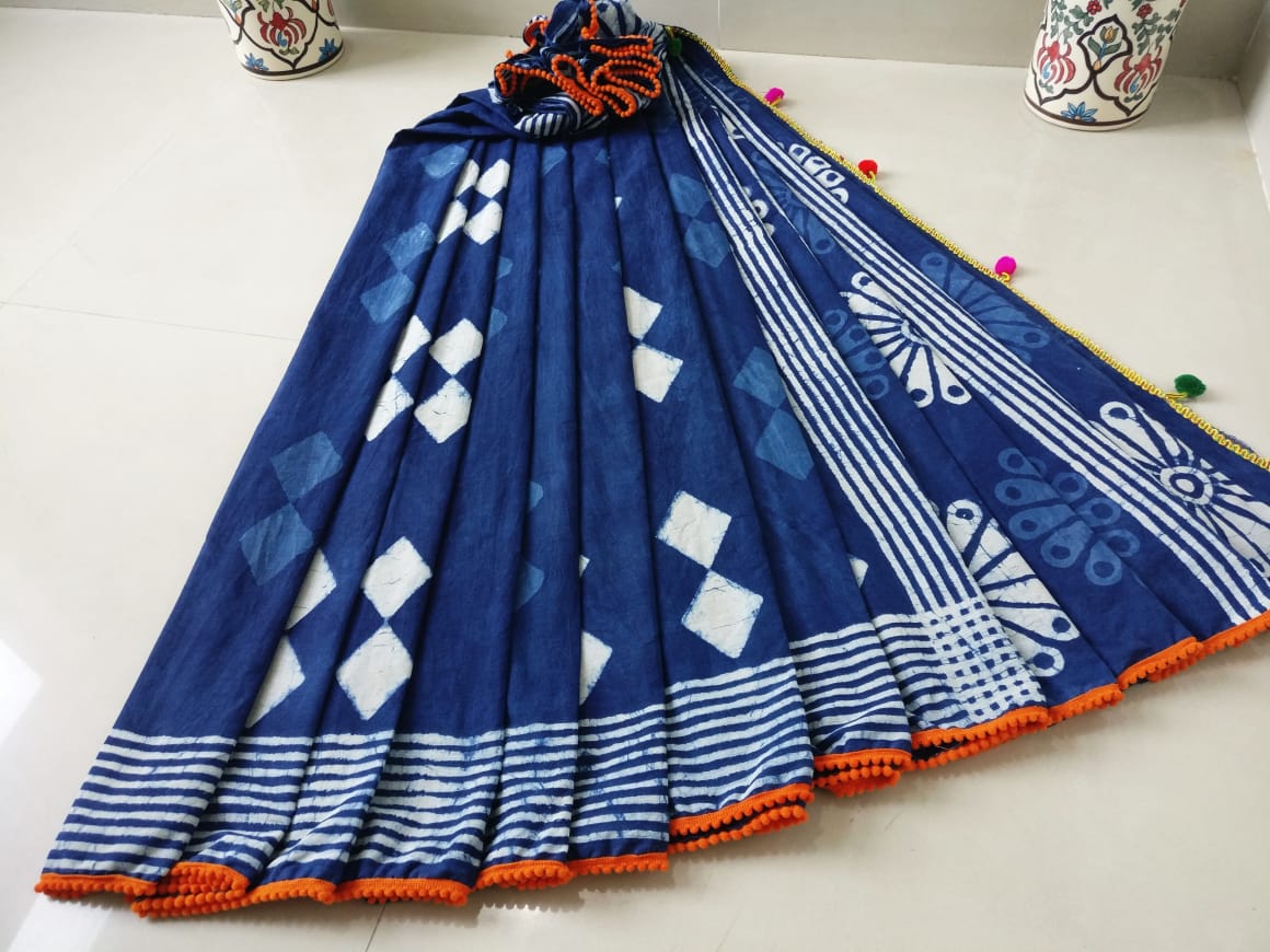 Blue Bagru Printed Pure Cotton Sarees - Dailybuyys
