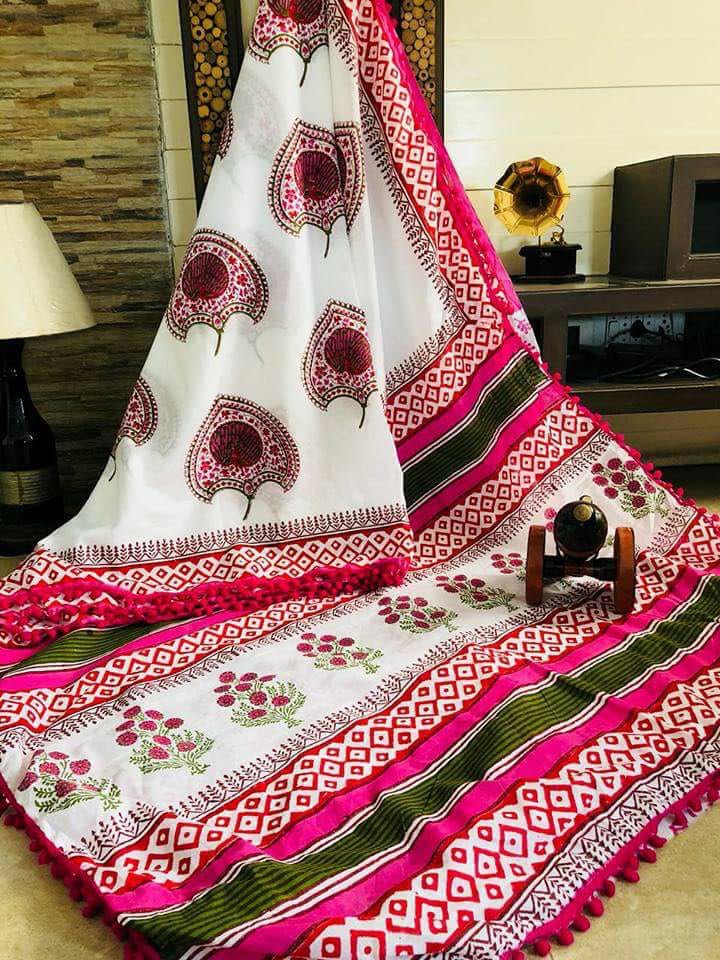 Pink White Bagru Printed Pure Cotton Sarees - Dailybuyys
