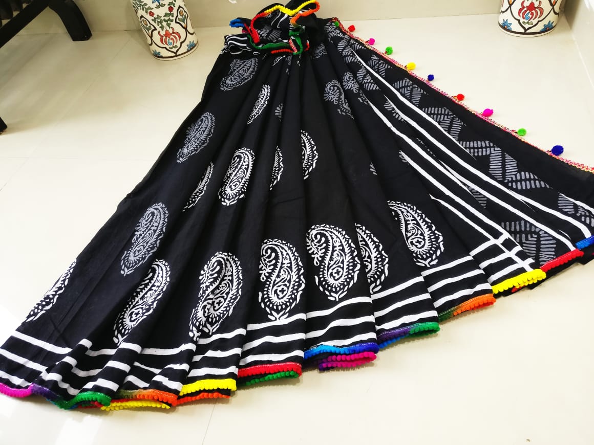 Black Bagru Printed Pure Cotton Sarees - Dailybuyys