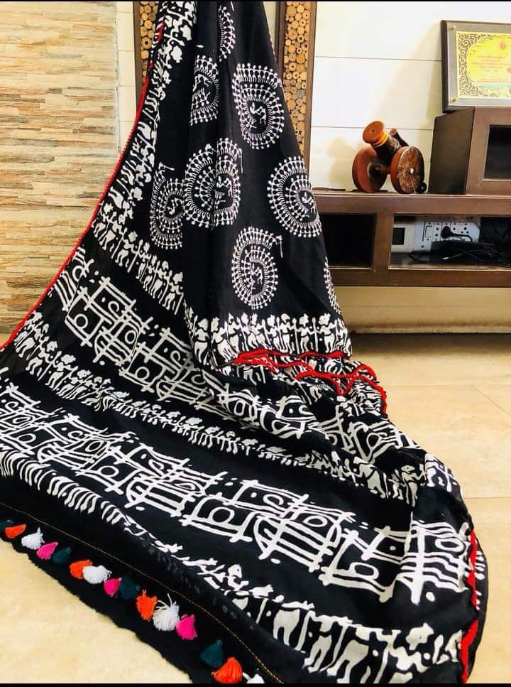 Black Bagru Printed Pure Cotton Sarees - Dailybuyys