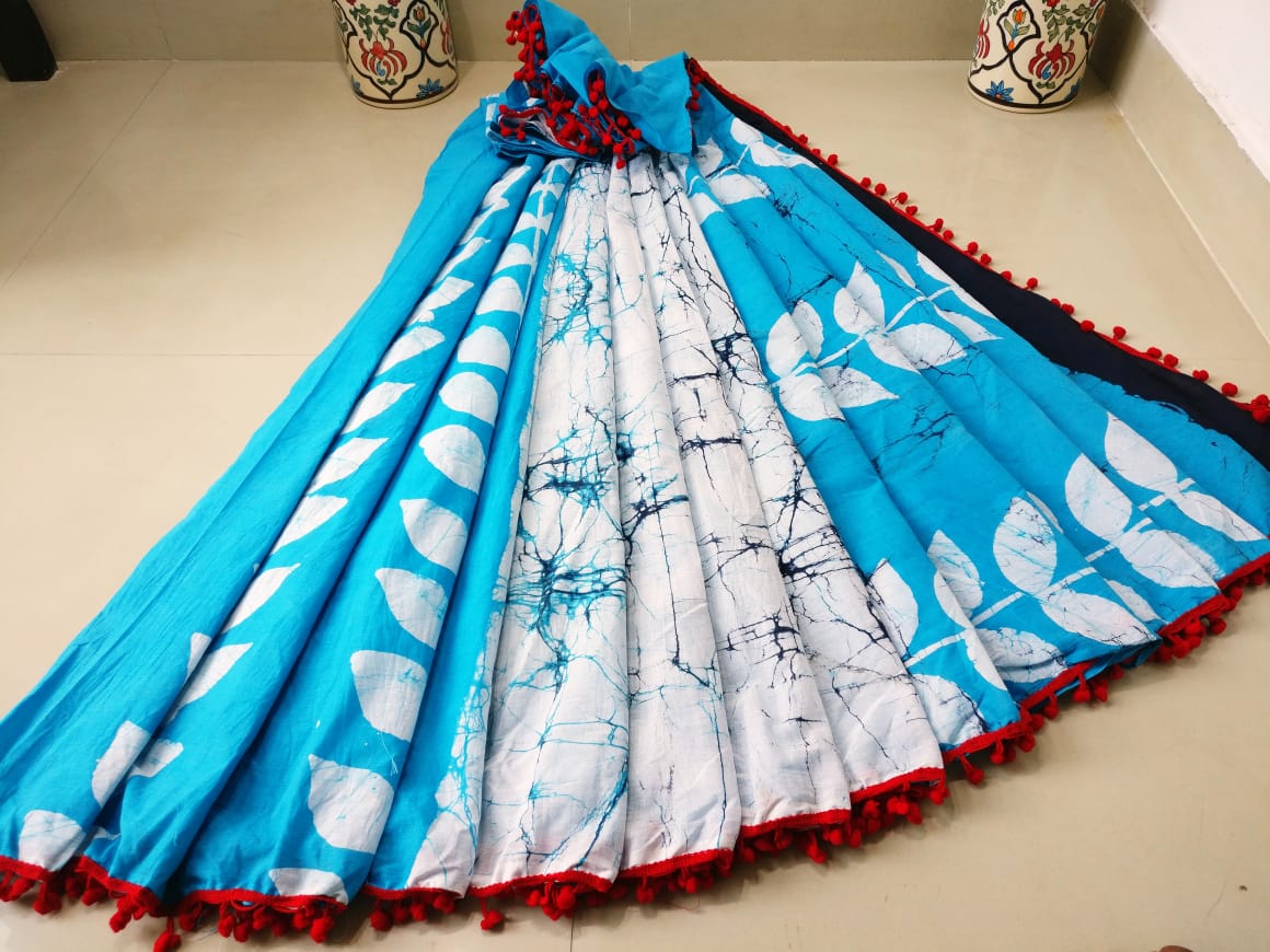 Blue Bagru Printed Pure Cotton Sarees - Dailybuyys