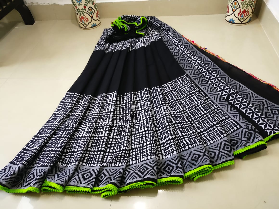 Black Bagru Printed Pure Cotton Sarees - Dailybuyys