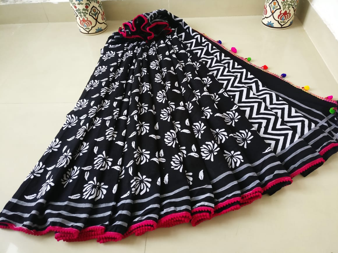 Black Bagru Printed Pure Cotton Sarees - Dailybuyys