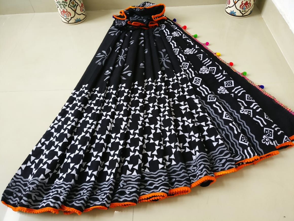 Black Bagru Printed Pure Cotton Sarees - Dailybuyys