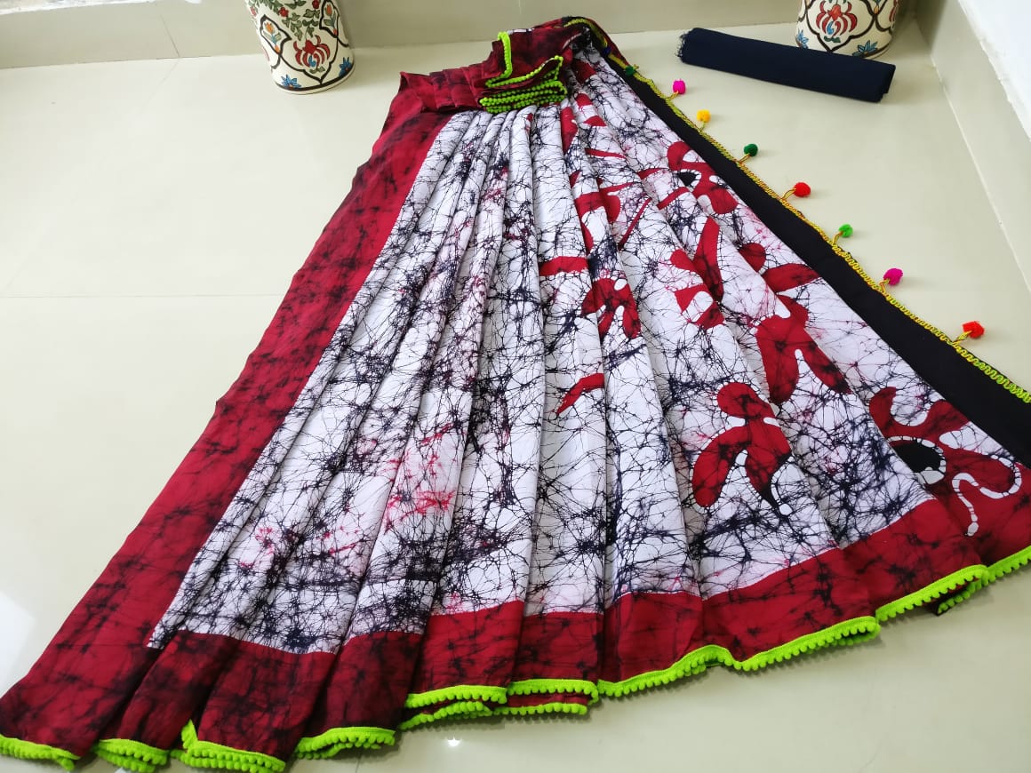 Maroon Bagru Printed Pure Cotton Sarees - Dailybuyys