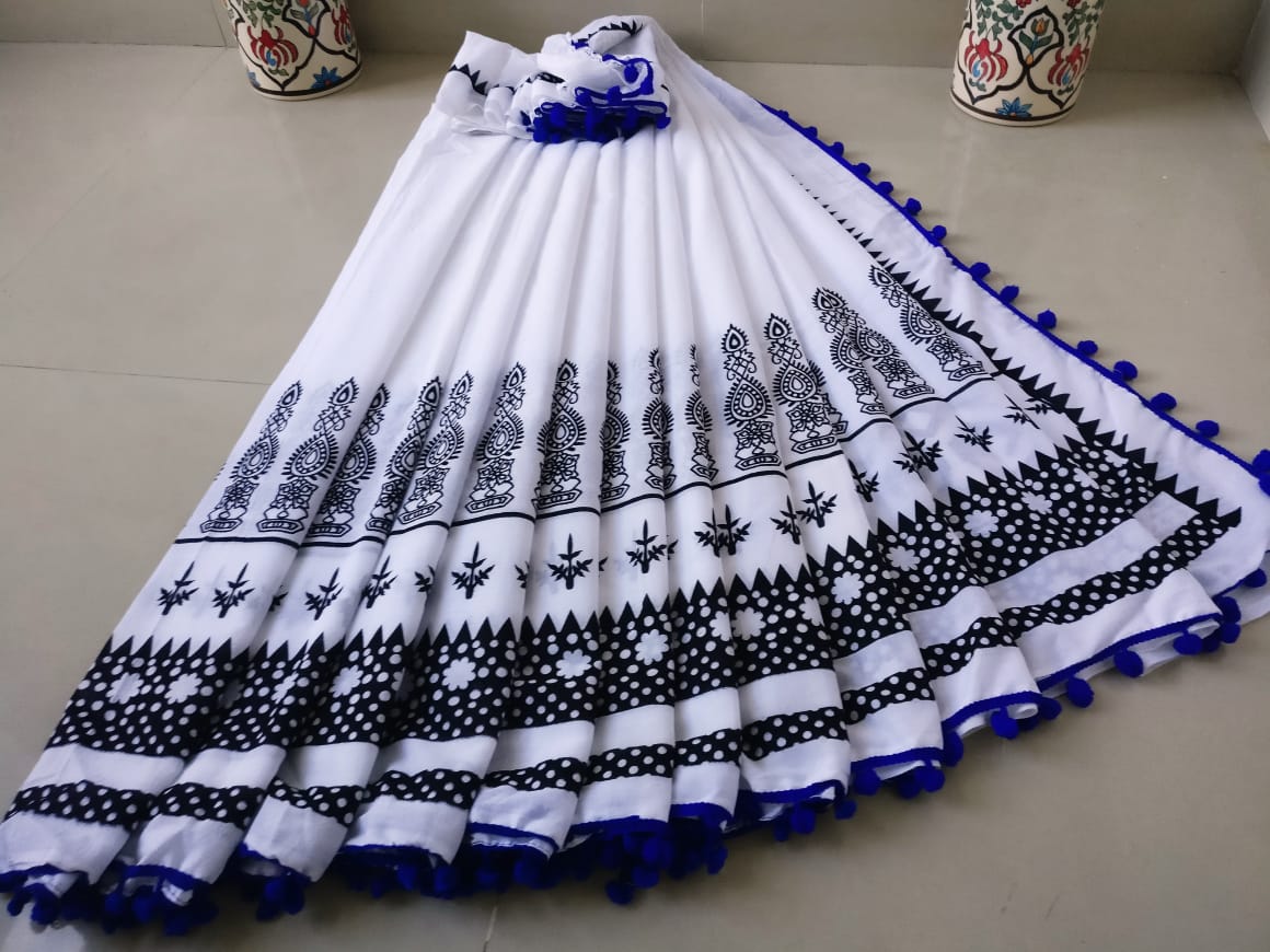 White Bagru Printed Pure Cotton Sarees - Dailybuyys