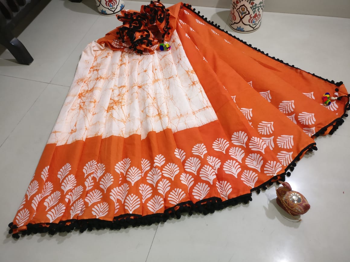 Orange Bagru Printed Pure Cotton Sarees - Dailybuyys