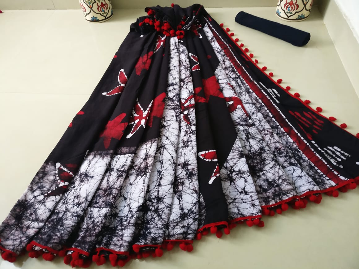 Black Bagru Printed Pure Cotton Sarees - Dailybuyys