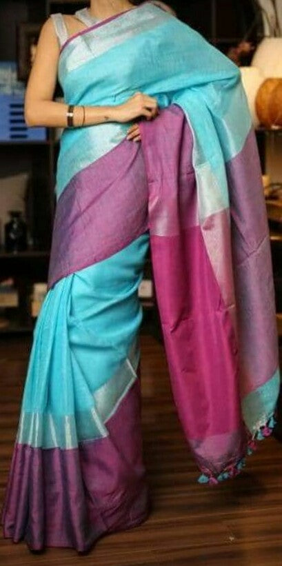 Blue Violet Pure Linen Sarees - Dailybuyys
