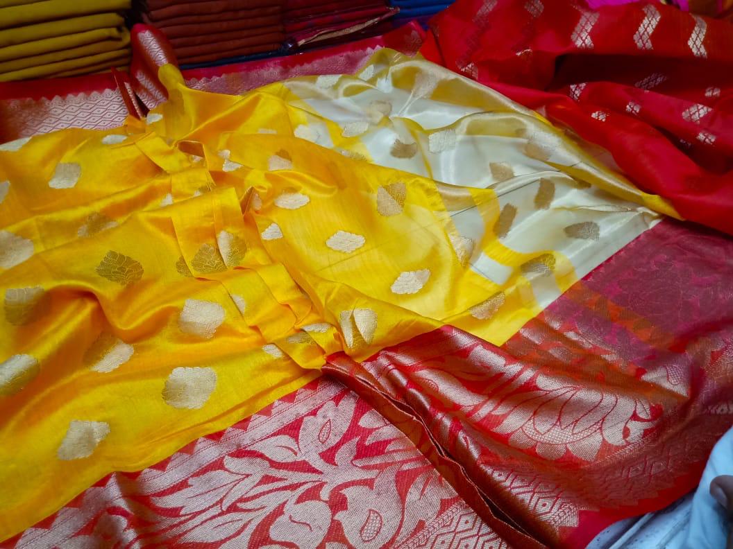 Yellow Red Block Printed Semi Pure Silk Mark Certified Tussar Silk Sarees - Dailybuyys
