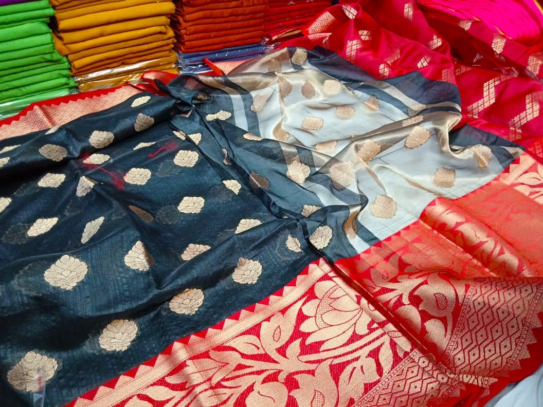 Black Red Block Printed Semi Pure Silk Mark Certified Tussar Silk Sarees - Dailybuyys