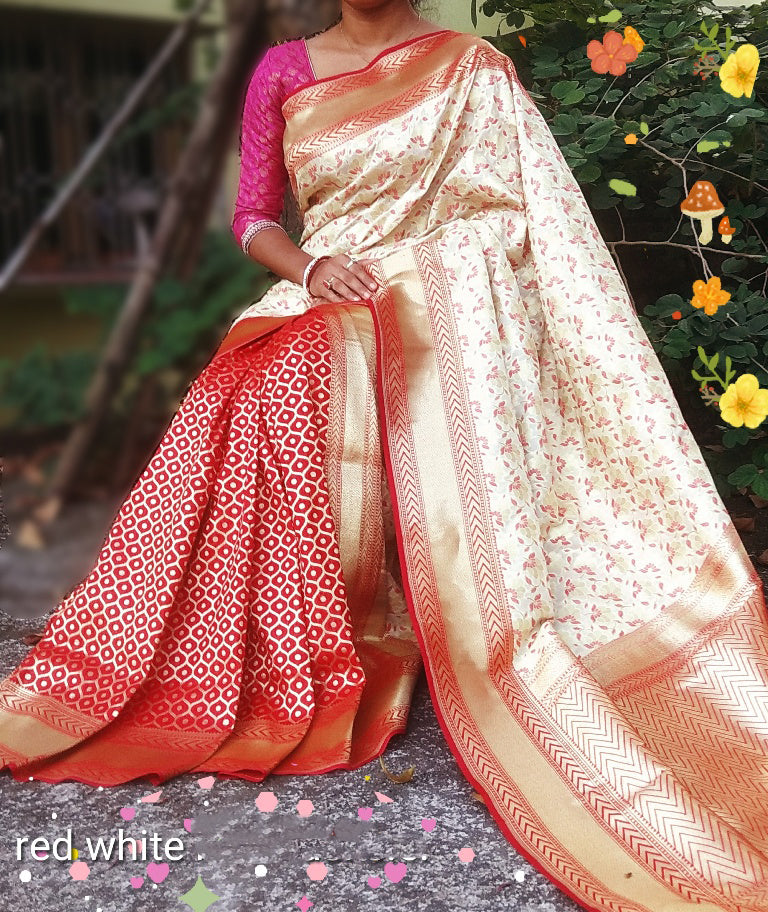 Beige Red Banarasi Silk Sarees - Dailybuyys