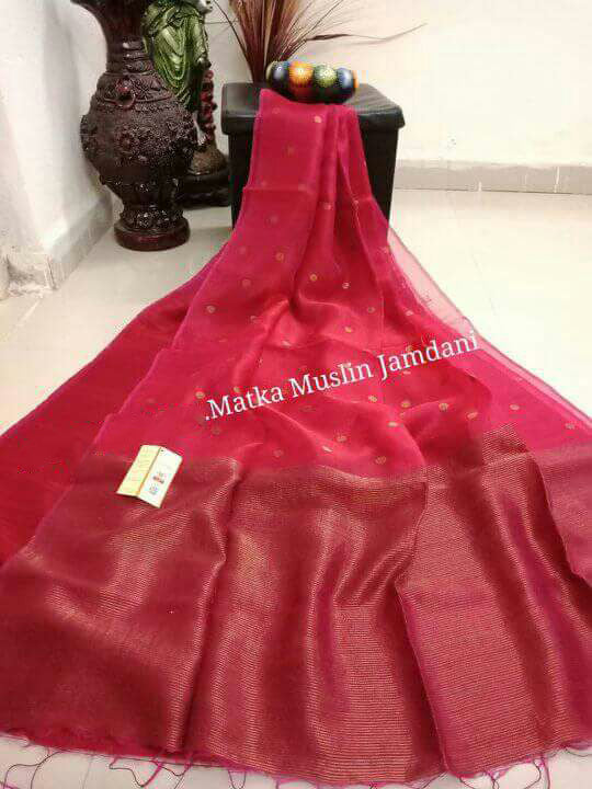 Red Matka Silk Mark Certified Muslin Jamdani Sarees - Dailybuyys
