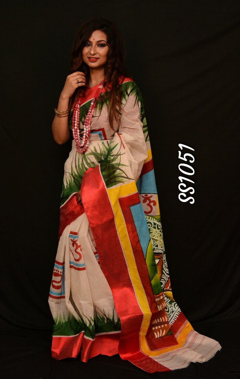 Beige Orange Dhanekhali Tant Sarees - Dailybuyys