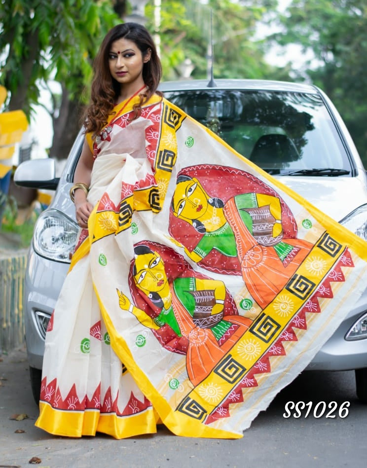 Beige Yellow Dhanekhali Tant Sarees - Dailybuyys