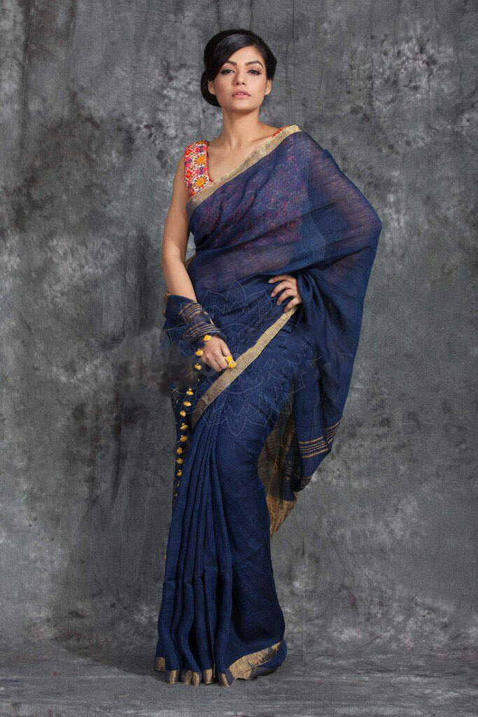 Blue Pure Linen Sarees - Dailybuyys