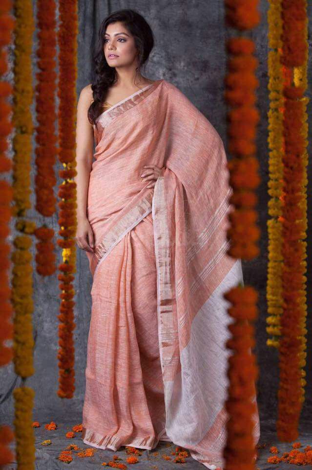 Pink Pure Linen Sarees - Dailybuyys