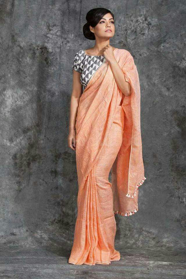 Orange Pure Linen Sarees - Dailybuyys