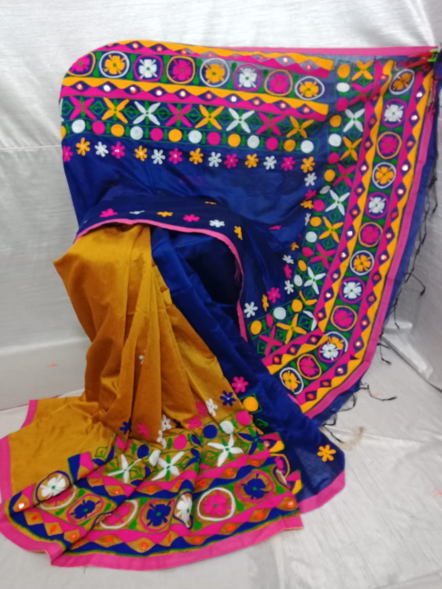 Blue Yellow Pure Cotton Handloom Sarees - Dailybuyys