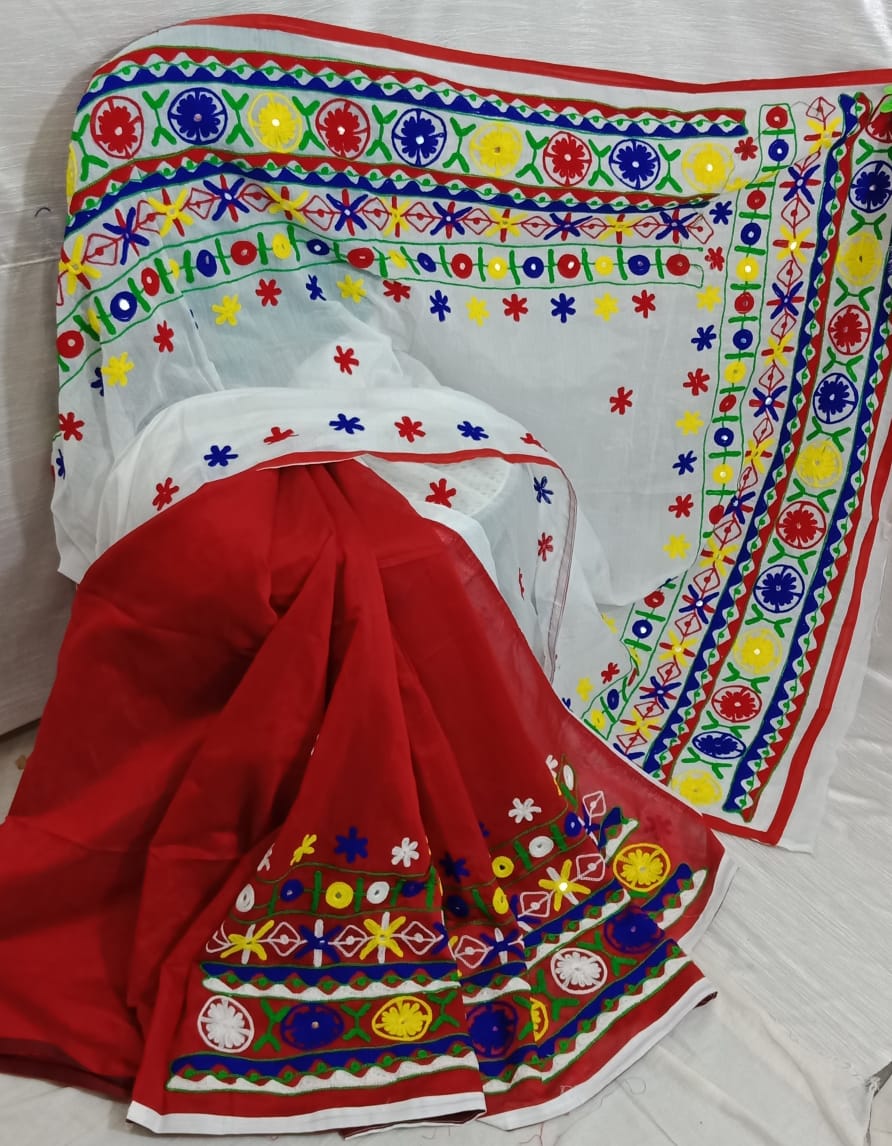White Red Pure Cotton Handloom Sarees - Dailybuyys