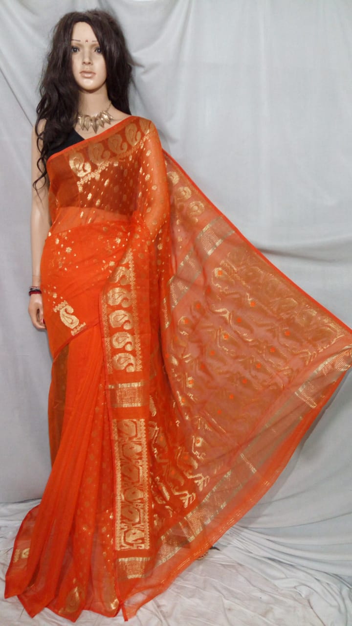 Orange Dhakai Jamdani Sarees - Dailybuyys