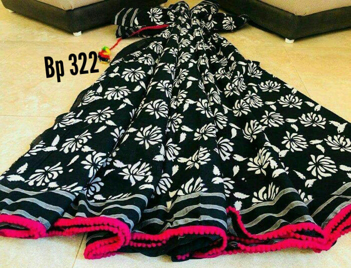 Black Mulmul Batik Flower Sarees - Dailybuyys