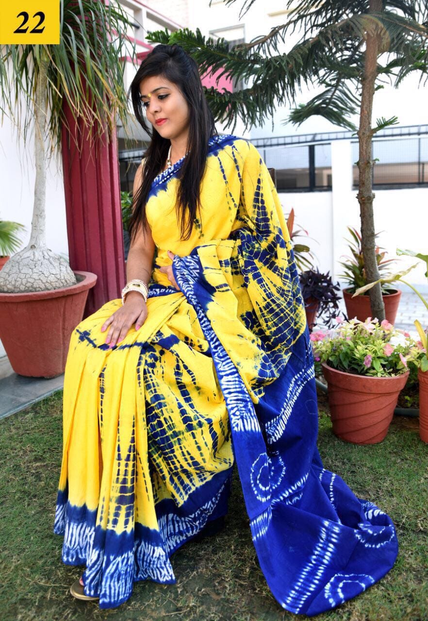 Yellow Blue Mulmul Batik Sarees - Dailybuyys