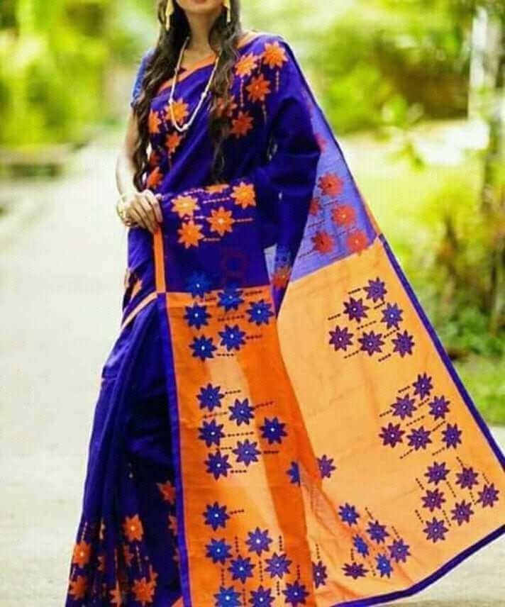 Blue Orange Pure Cotton Silk Sarees - Dailybuyys