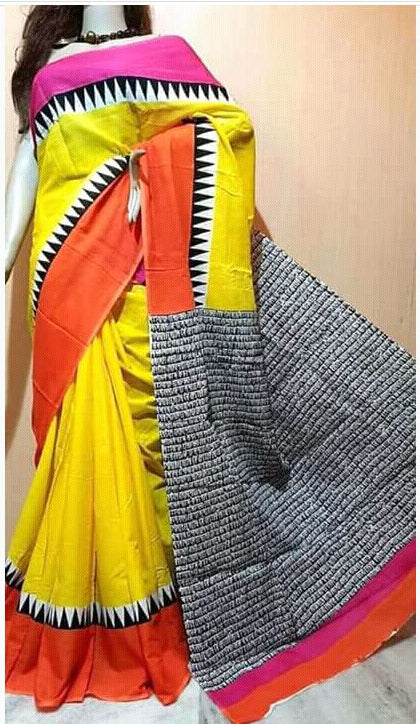 Yellow Block Printed Pure Silk Mark Certified Bishnupuri Silk Sarees - Dailybuyys