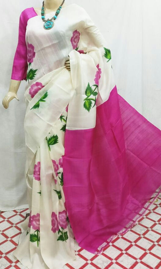 White Purple Block Printed Pure Silk Mark Certified Bishnupuri Silk Sarees - Dailybuyys