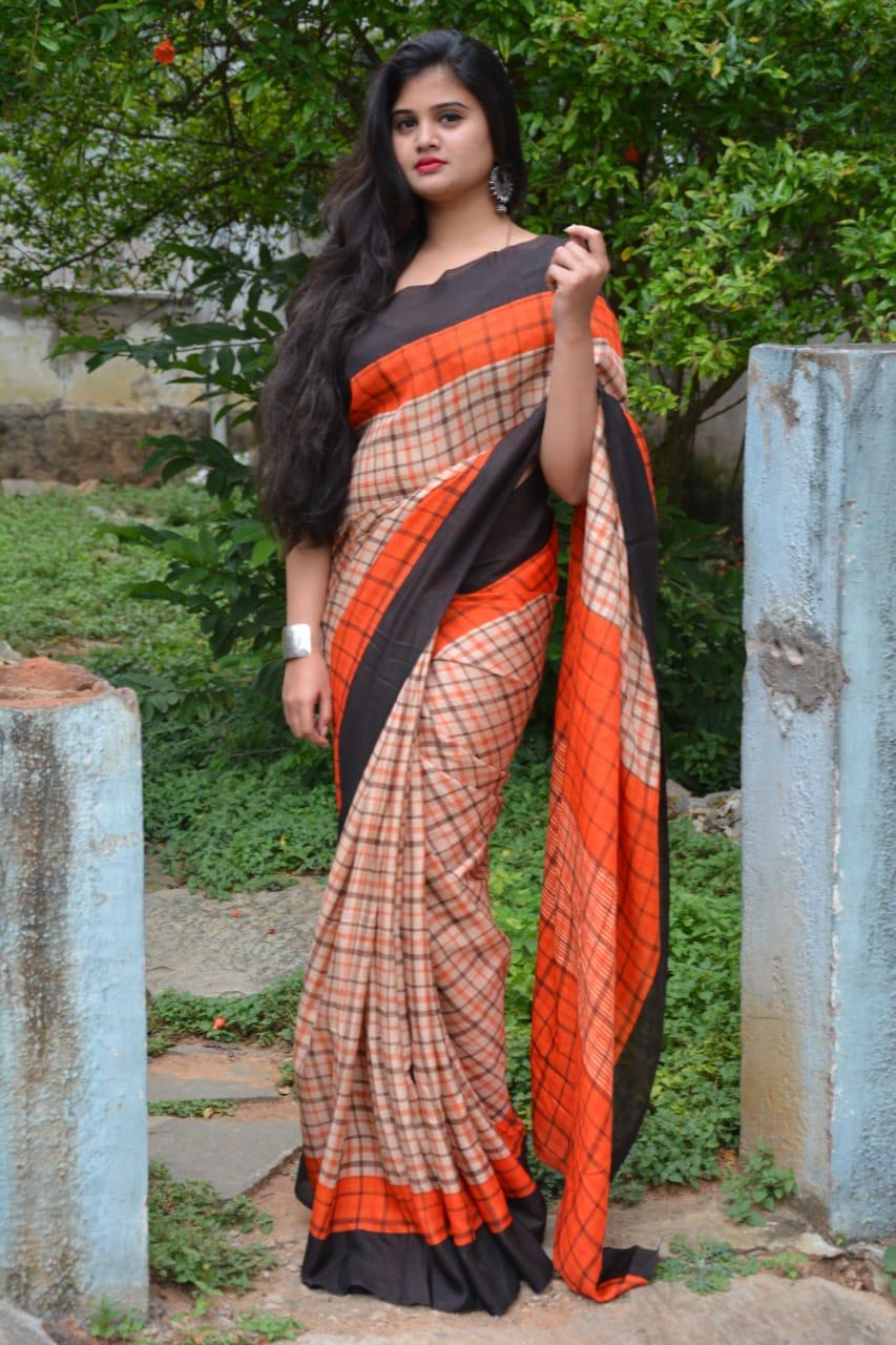 Beige Orange Chanderi Pure Cotton Sarees - Dailybuyys