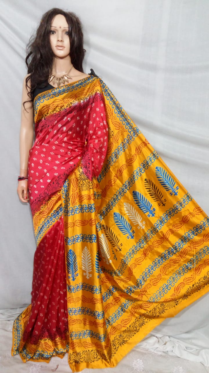Red Yellow Pure Cotton Silk Sarees - Dailybuyys