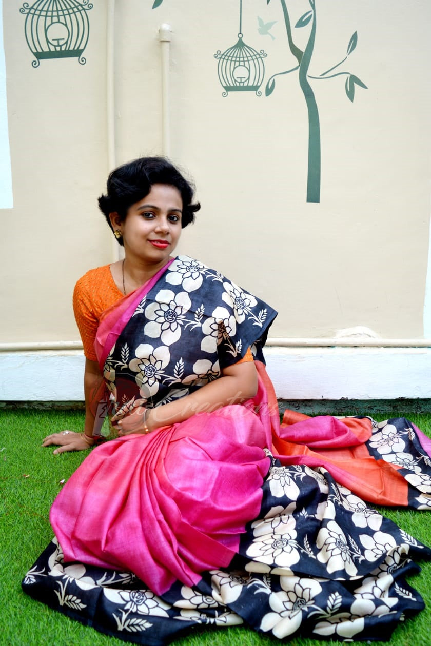 Purple Grey Glamour Hand Painted Zari Border Pure Silk Mark Certified Tussar Silk Sarees - Dailybuyys