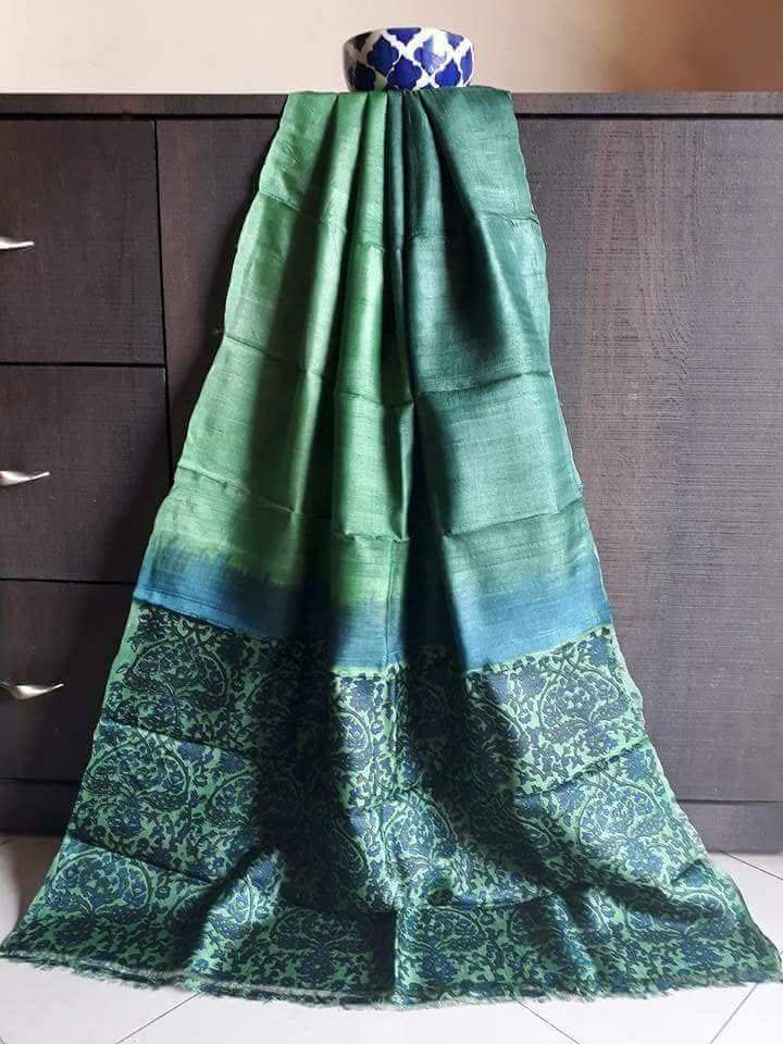 Green Glamour Block Printed Zari Border Pure Silk Mark Certified Tussar Silk Sarees - Dailybuyys